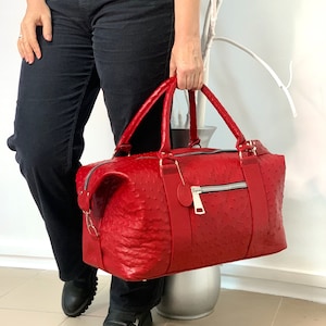 In 5 Farben erhältlich! Straußenleder Reisetasche für Kurztrips, klassische rote Weekender, echtes Straußenleder, Leder Seesack