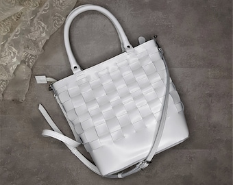 Handmade woven leather bag, white bag, bag for woman