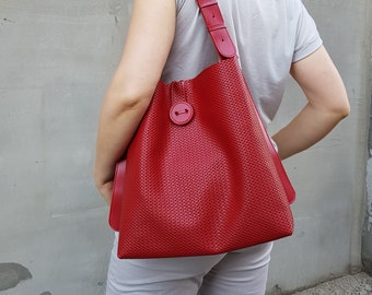 Red leather shopper bag, genuine leather, leather tote bag for woman, red shoulder bag
