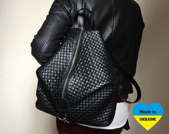 Black backpack for women, braided genuine leather bag