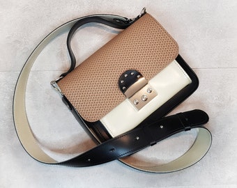 Multicolored crossbody, coffee beige black bag, medium bag with wide shoulder strap, leather ladies bag, elegant bag