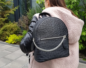 Ostrich backpack for women, made of Italian leather with genuine ostrich leather details, mini backpack, ostrich backpack, backpack purse