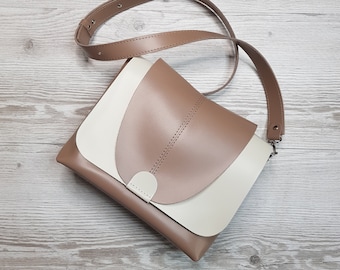 Available in 17 colors! Beige crossbody with flap, bag with wide shoulder strap, coffee crossbody purse