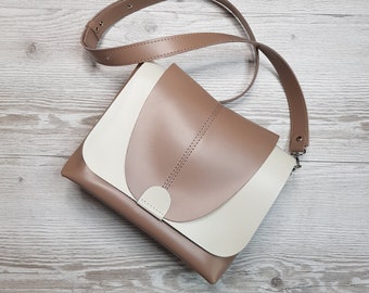 Available in 17 colors! Beige crossbody with flap, bag with wide shoulder strap, coffee crossbody purse