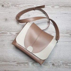 Available in 17 colors! Beige crossbody with flap, bag with wide shoulder strap, coffee crossbody purse