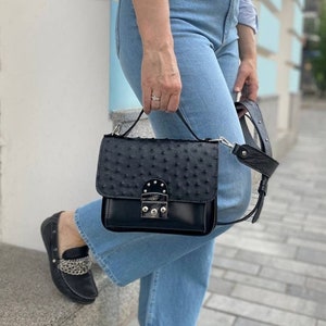 Black crossbody bag, genuile ostrich leather, black handbag, medium bag with wide shoulder strap, leather crossbody, gift for her image 1