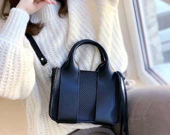 Black leather crossbody, genuine leather mini tote bag