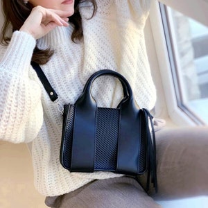 Black leather crossbody, genuine leather mini tote bag