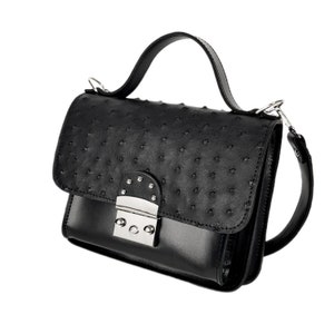 Black crossbody bag, genuile ostrich leather, black handbag, medium bag with wide shoulder strap, leather crossbody, gift for her image 4