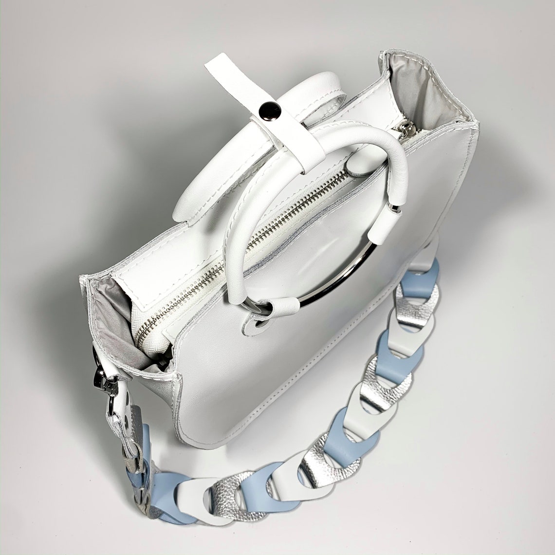 White handbag with woven wide shoulder strap romantic bag Etsy