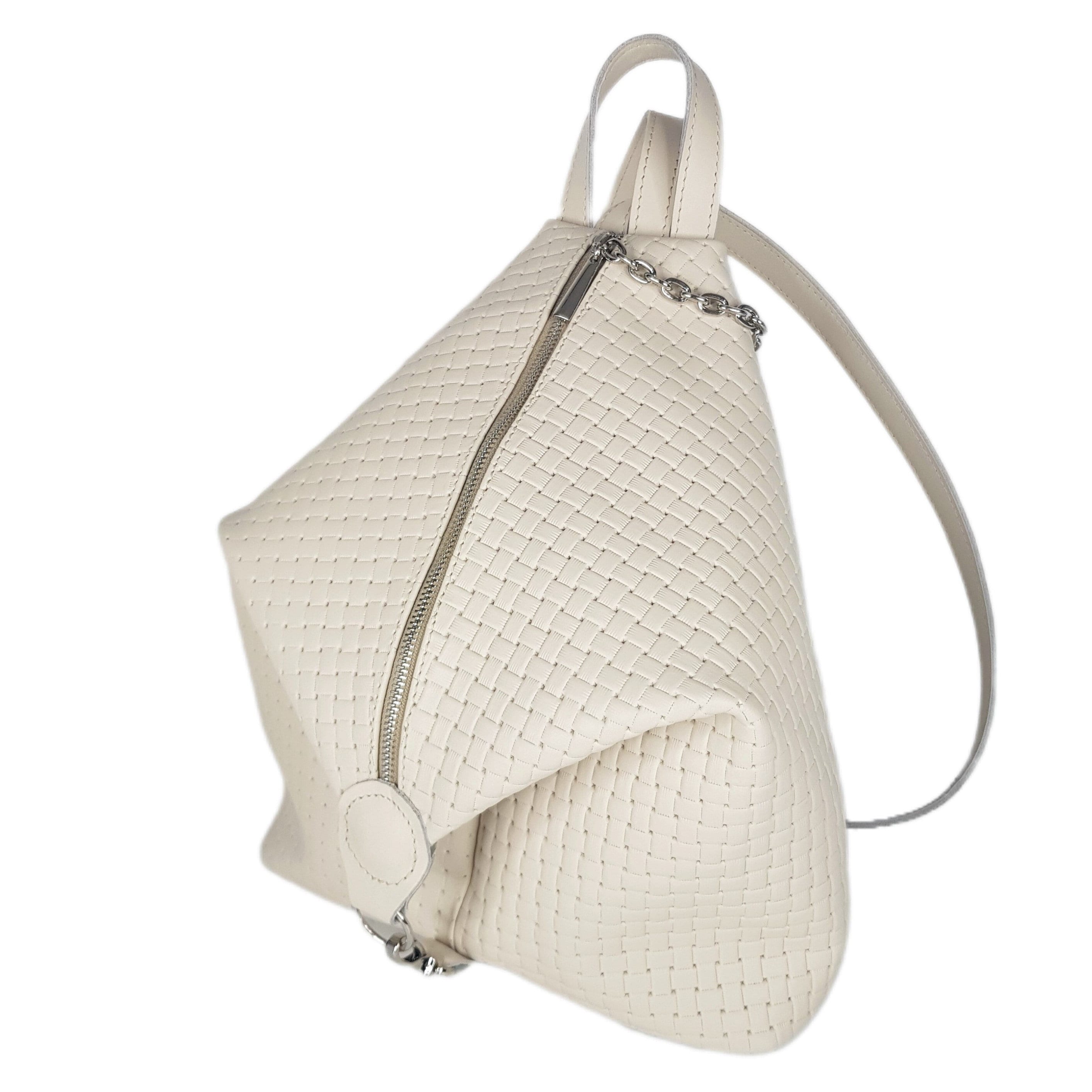 Beige Backpack for Women, Braided Genuine Leather Bag, Beige 