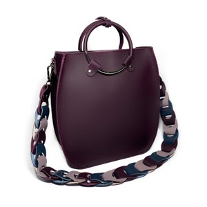 Purple medium leather bag, bag with woven strap, purple handbag purse