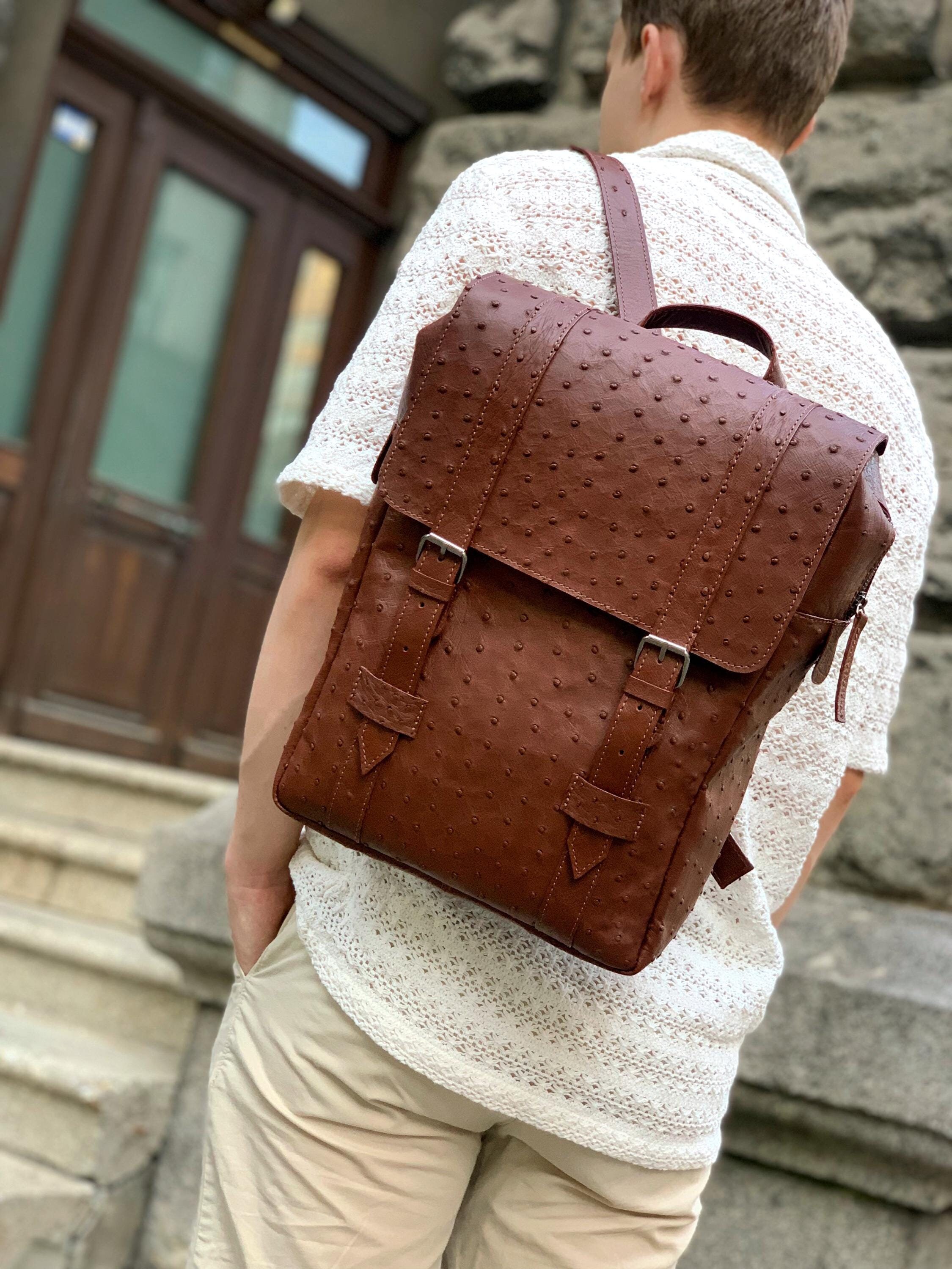 Brown Ostrich Leather Backpack: Large Knapsack for Men - Etsy Israel