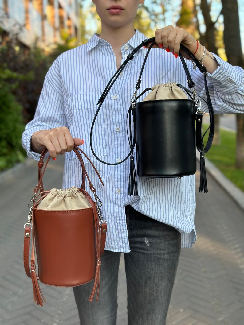 Leather crossbody bucket bag, black leather crossbody, brown crossbody purse image 1