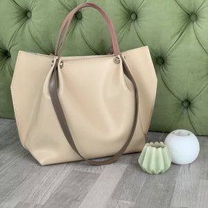 Beige Echtleder Shopper Tasche, Leder Einkaufstasche, Echtleder Handtasche, Umhängetasche, Geschenk für Sie