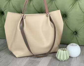 Beige genuine leather shopper bag, leather shopping bag, genuine leather handbag, shoulder bag, gift for her
