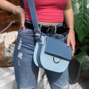 Available in 25 colors! Blue shoulder bag with flap, bag with wide shoulder strap