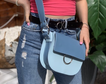 Available in 17 colors! Blue shoulder bag with flap, bag with wide shoulder strap