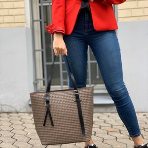 Beige tote bag, office bag, woven leather bag image 3