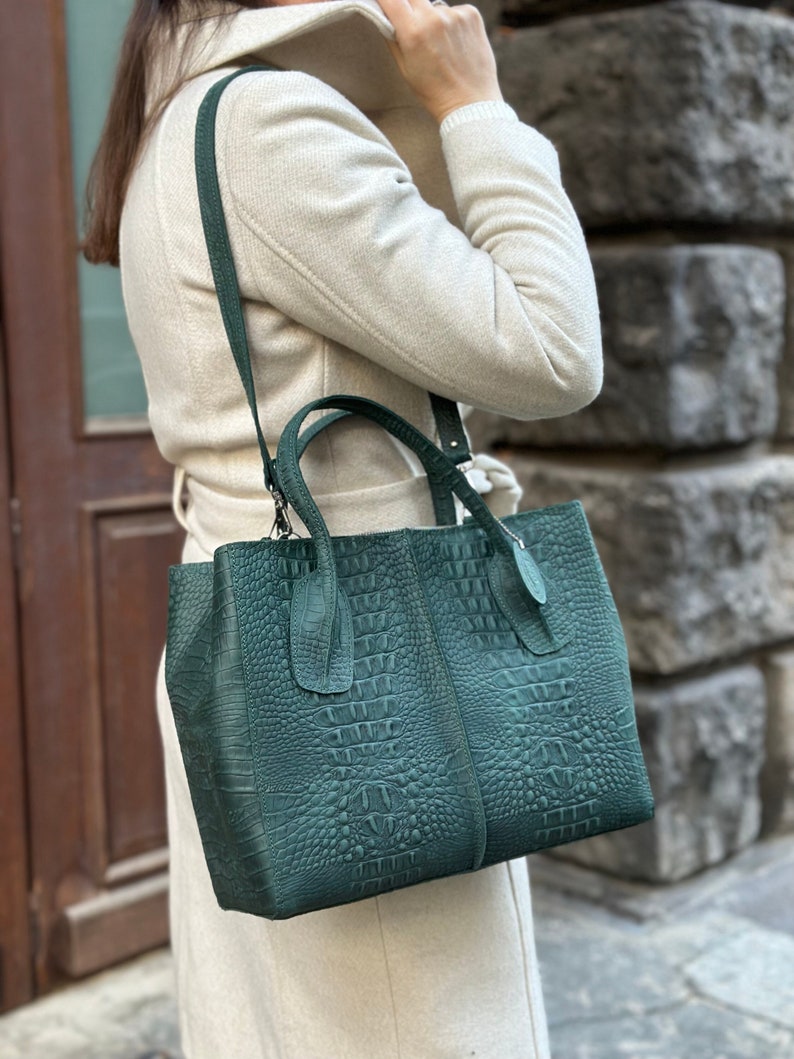 Handbag made of vintage genuine leather, green bag with handles, green leather handbag, crocodile leather embossing image 1