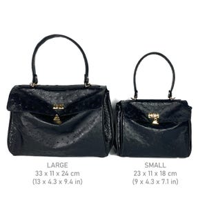 May include: Two black handbags with top handles and gold-tone hardware are displayed. The larger bag measures 13 x 4.3 x 9.4 inches, and the smaller bag is 9 x 4.3 x 7.1 inches. The bags have a textured surface and a flap closure.