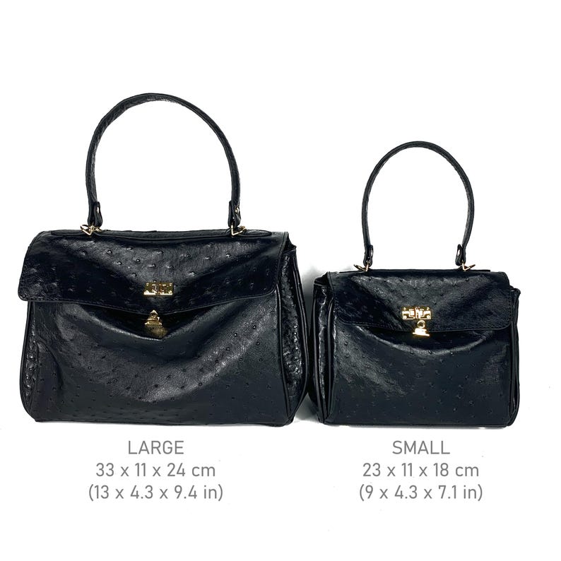 May include: Two black handbags with top handles and gold-tone hardware are displayed. The larger bag measures 13 x 4.3 x 9.4 inches, and the smaller bag is 9 x 4.3 x 7.1 inches. The bags have a textured surface and a flap closure.