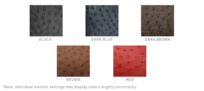 May include: Five color swatches of ostrich leather. The swatches are arranged in a row from left to right: black, dark blue, dark brown, brown, and red.