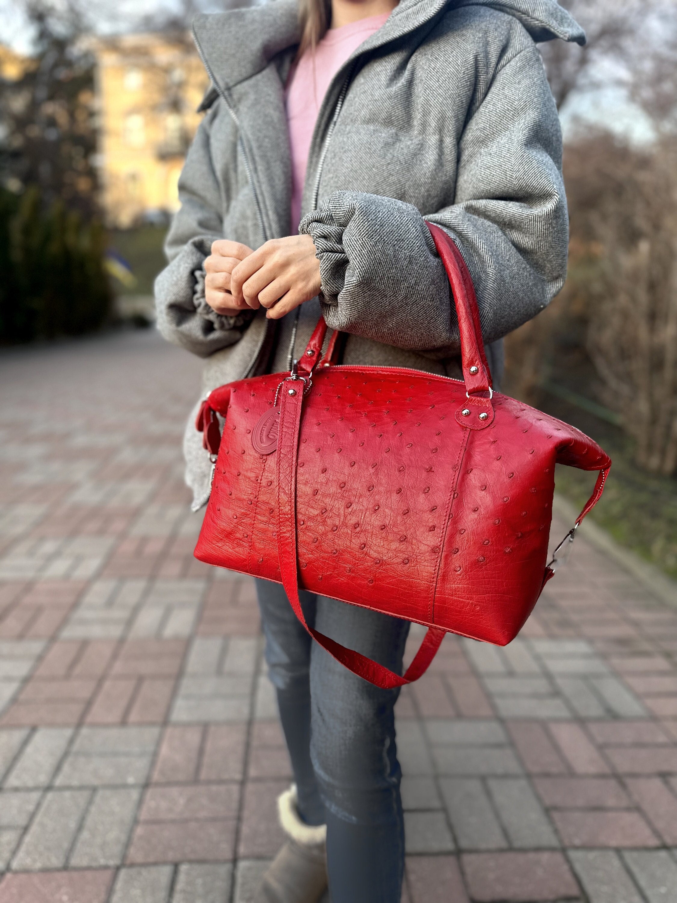 Red Ostrich Handbag Made of Genuine Ostrich Leather, Handbag