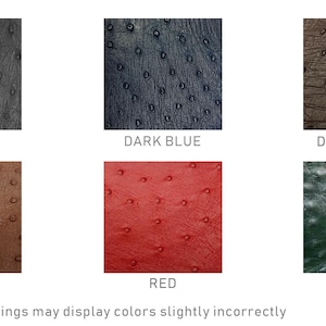 May include: A collection of textured leather swatches in various colors: black, dark blue, dark brown, brown, red, and green. Each swatch has a distinctive pattern. The text "BLACK", "DARK BLUE", "DARK BROWN", "BROWN", "RED", and "GREEN" is displayed below each swatch. The text "Note: individual monitor settings may display colors slightly incorrectly" is also present.