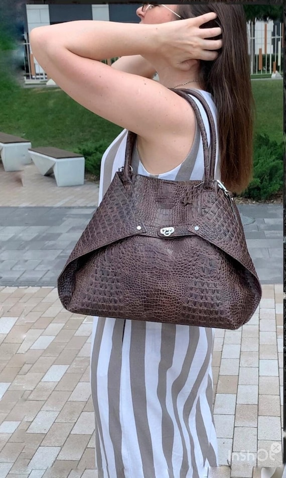 Brown leather shoulder bag, brown leather bag, genuine cowhide leather with crocodile embossing ,made in Ukraine