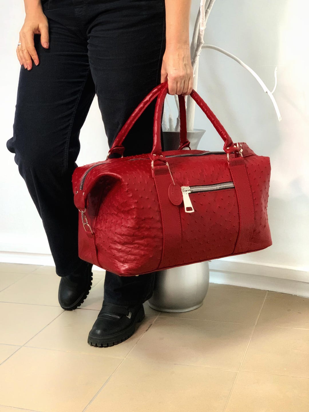 Ostrich Leather Travel Bag for Short Trips, Classic Red Weekender