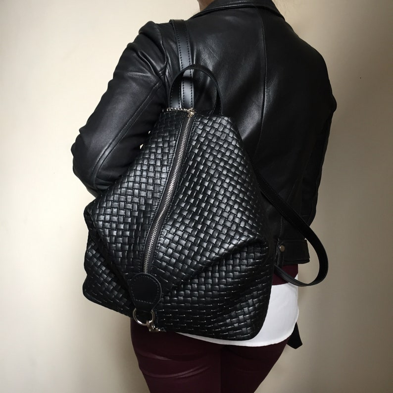 Black Backpack for Women Braided Genuine Leather Bag Etsy