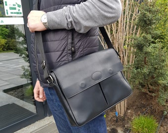 Black leather messenger bag, genuine leather bag, gift for him, black shoulder bag, big messenger bag