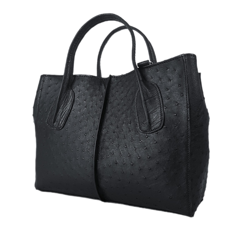 May include: A black ostrich leather tote bag with two top handles.