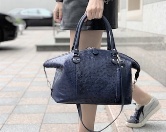 Dark blue ostrich handbag, bag for woman, ostich shoulder bag, dark blue shoulder bag, blue handbag, leather handbag