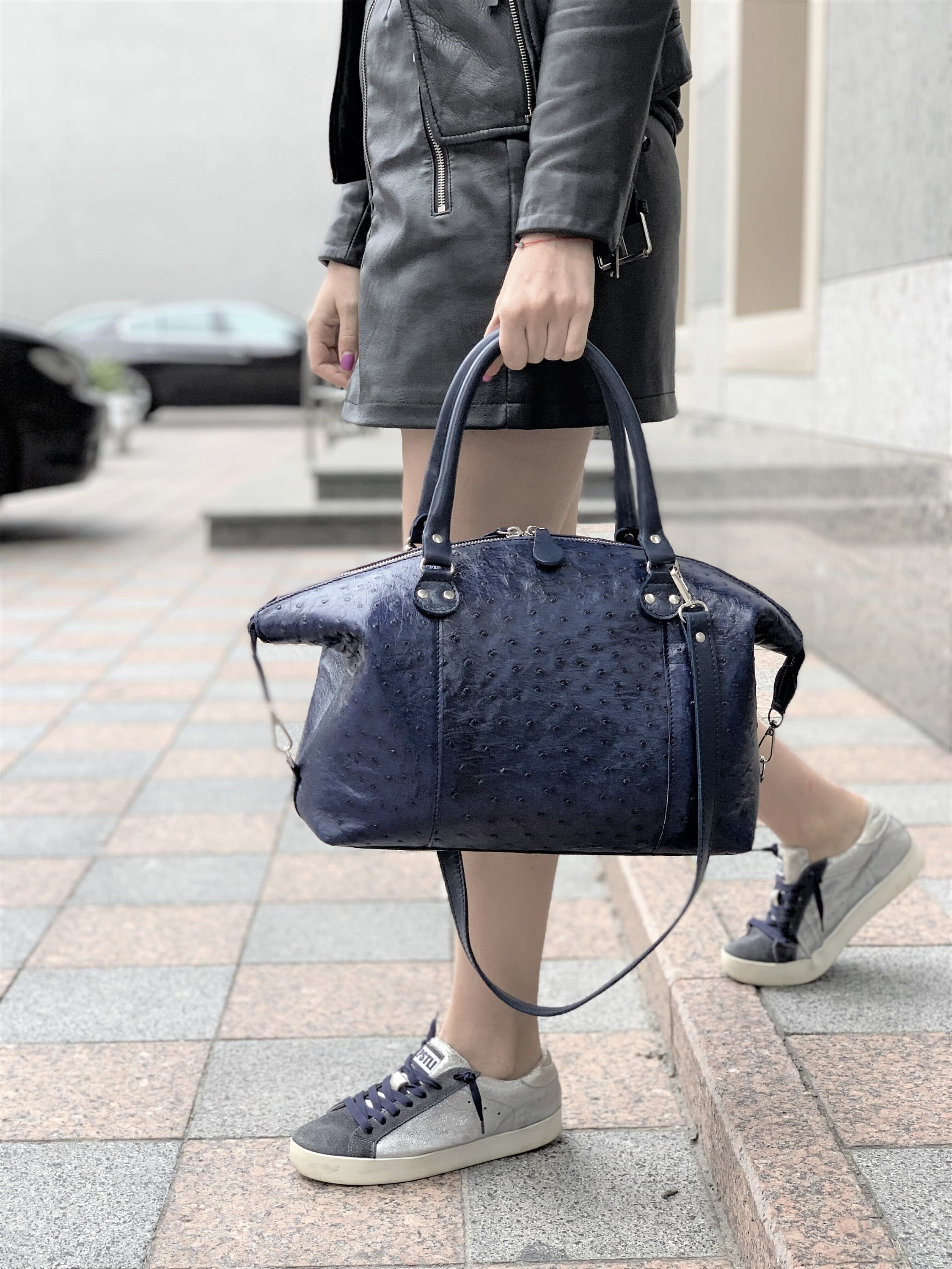 Dark Blue Ostrich Leather Bag of Unusual Shape Made Exotic 