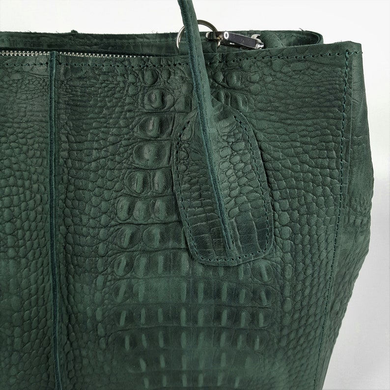 Handbag made of vintage genuine leather, green bag with handles, green leather handbag, crocodile leather embossing image 5