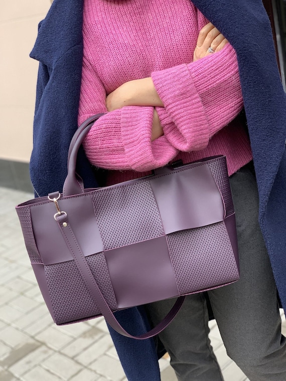 Purple Leather Handbag Laptop Bag Large Elegant Bag Woven Bag Office Bag Etsy Canada