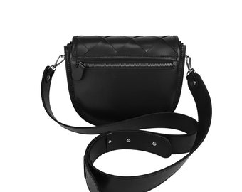 黒レザー ボディバッグ 白黒ストラップ Whatna 2way 革 ボディバッグ・ワンショルダーバッグ メンズ 斜め掛け