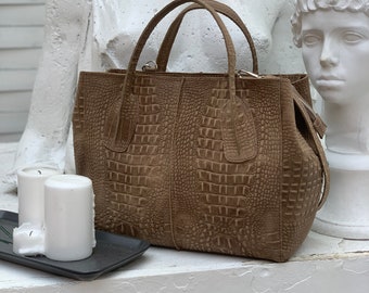 Handbag made of vintage genuine leather, brown bag with handles, brown leather handbag