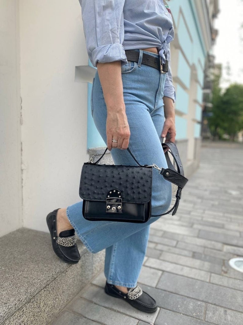 Black crossbody bag, genuile ostrich leather, black handbag, medium bag with wide shoulder strap, leather crossbody, gift for her image 1