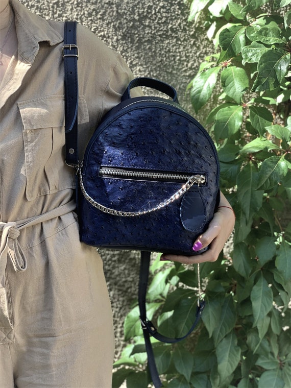Blue Elegant Backpack for Women, Made of Italian Leather 