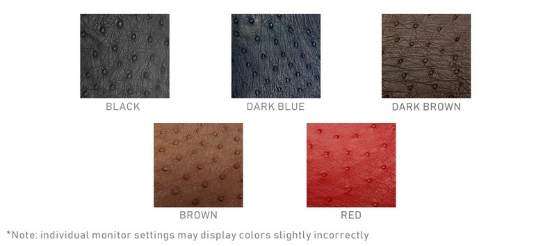 May include: A collection of five square swatches showcasing different colors of a textured material. The colors include black, dark blue, dark brown, brown, and red. The text below each swatch identifies the color. The bottom of the image has a note about color display.