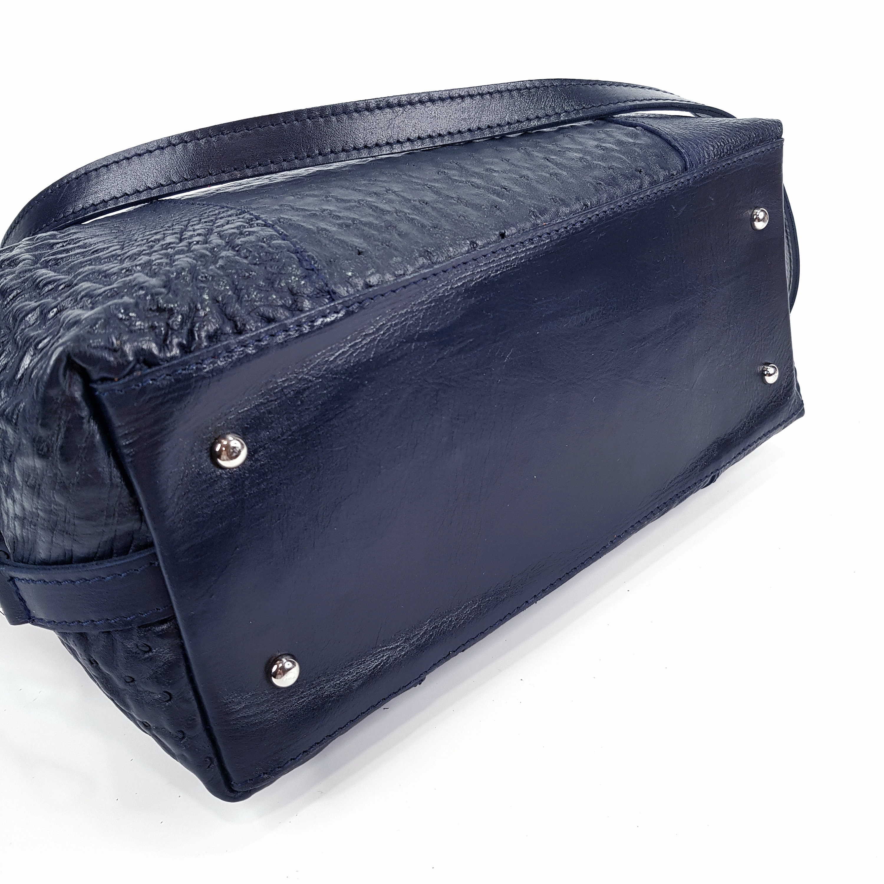 Dark Blue Ostrich Leather Bag of Unusual Shape Made Exotic 