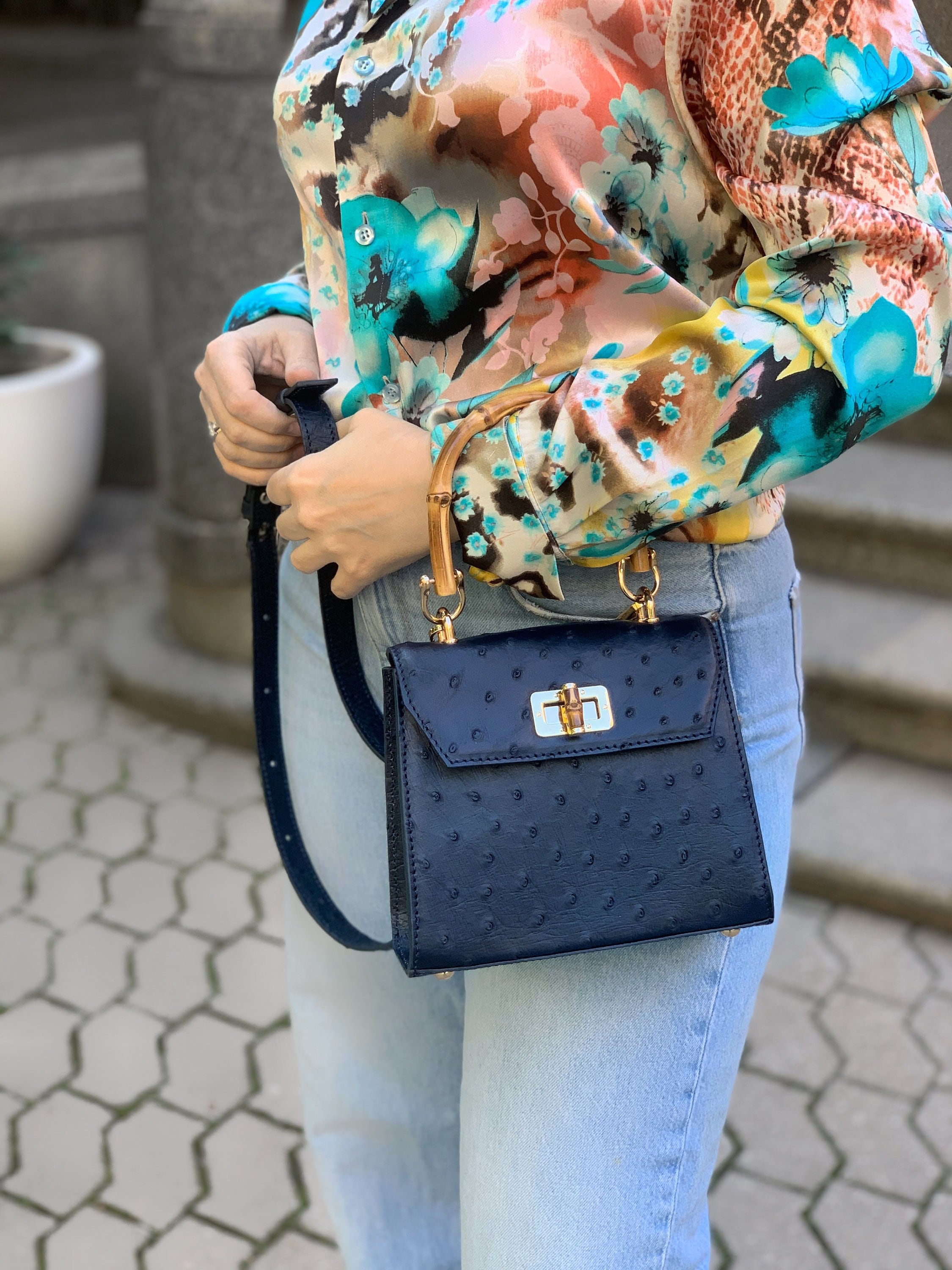 Blue Ostrich Leather Crossbody, Genuine Ostrich Leather, With