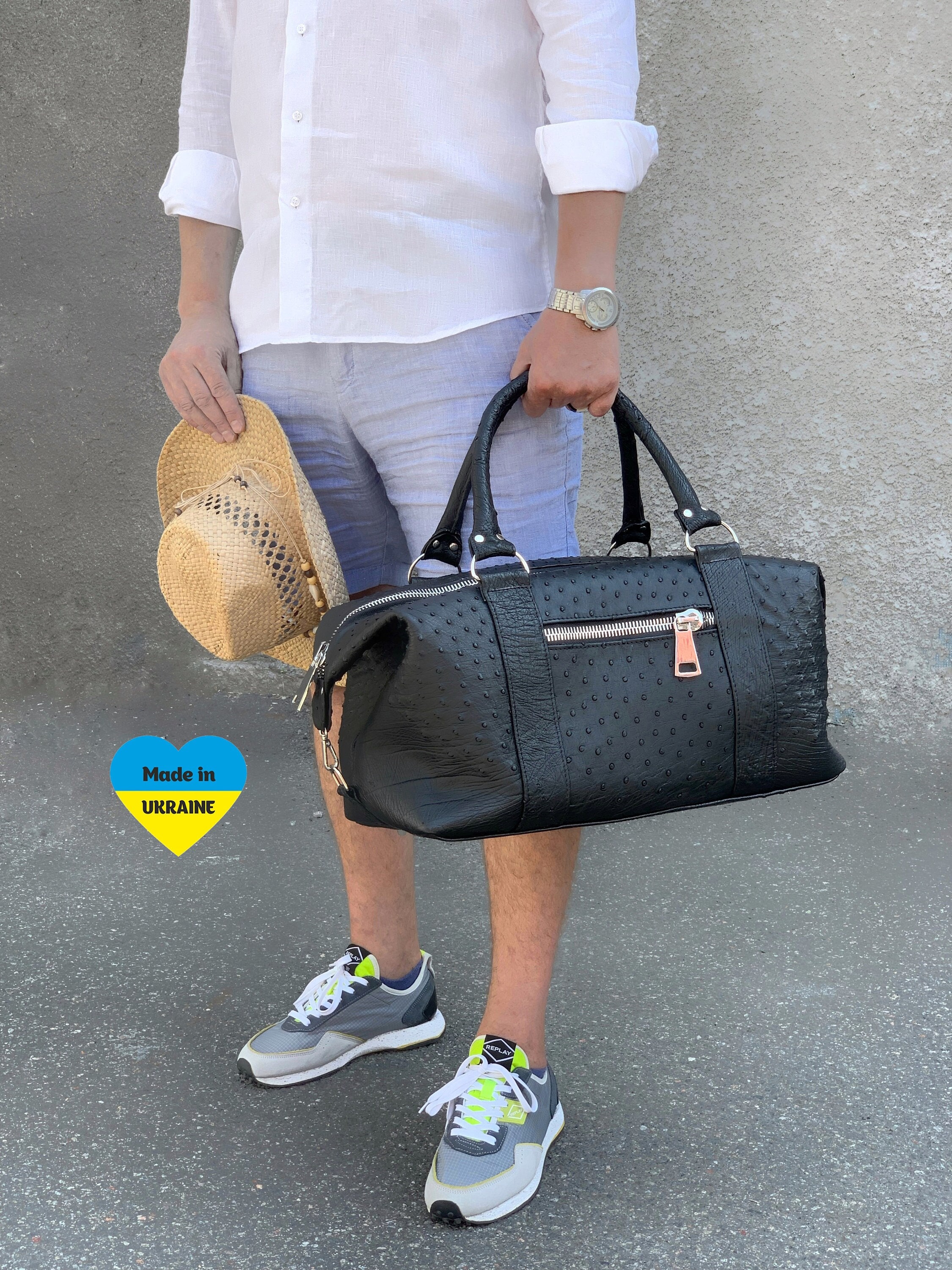 Ostrich Leather Travel Bag for Short Trips, Classic Black