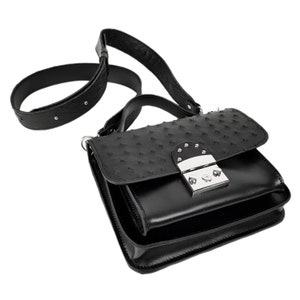 Black crossbody bag, genuile ostrich leather, black handbag, medium bag with wide shoulder strap, leather crossbody, gift for her image 6
