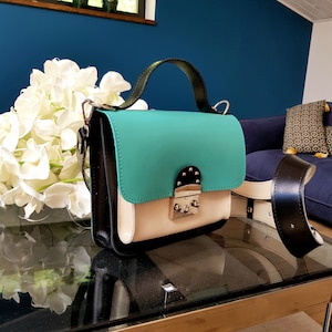 Multicolored crossbody, black beige turquoise bag, medium bag with wide shoulder strap, leather ladies bag, elegant bag