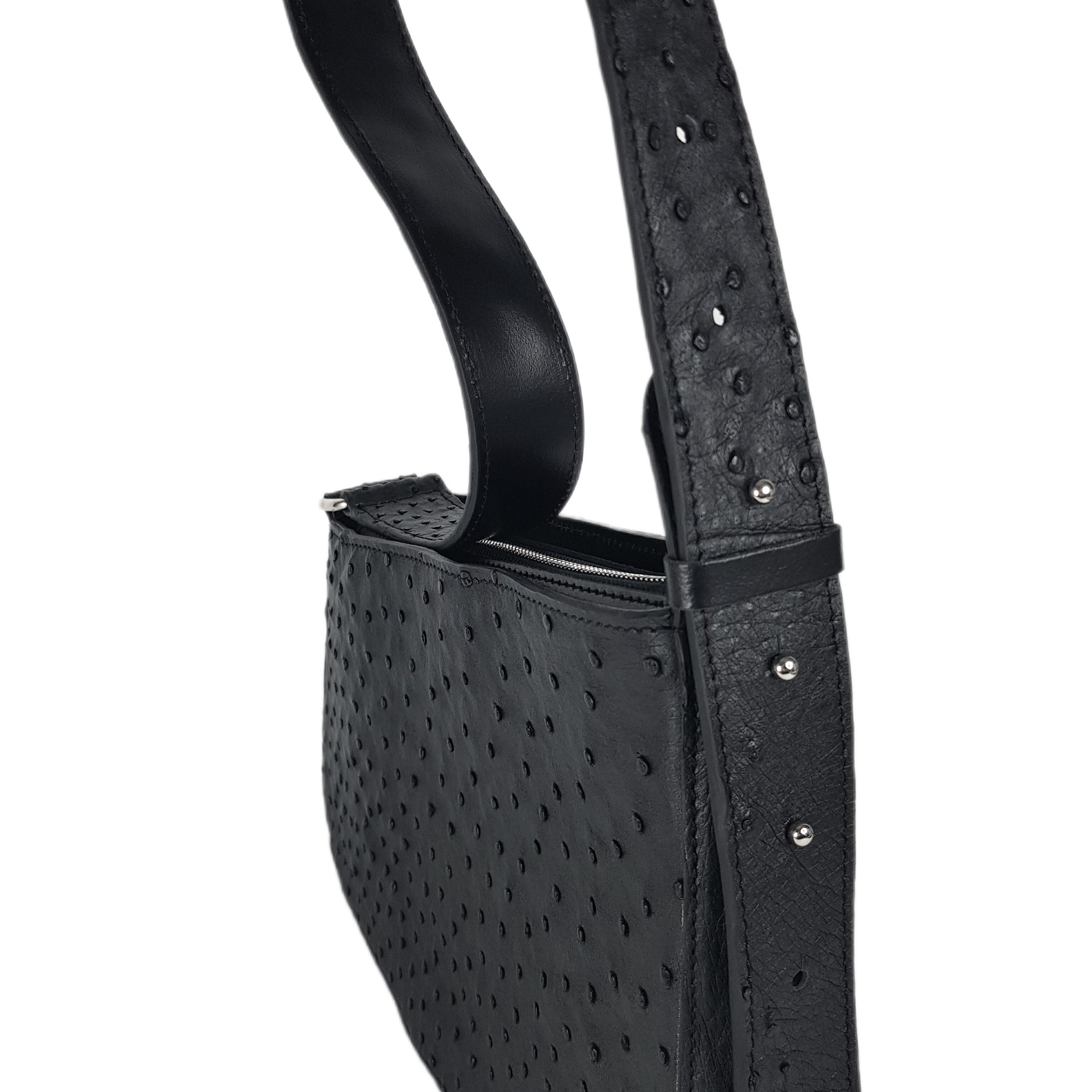 Ostrich Leather Shoulder Bag, Black Shoulder Bag, Black Leather 