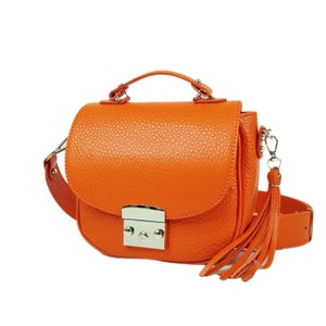 Orange genuine leather crossbody with wide shoulder strap, crossbody purse